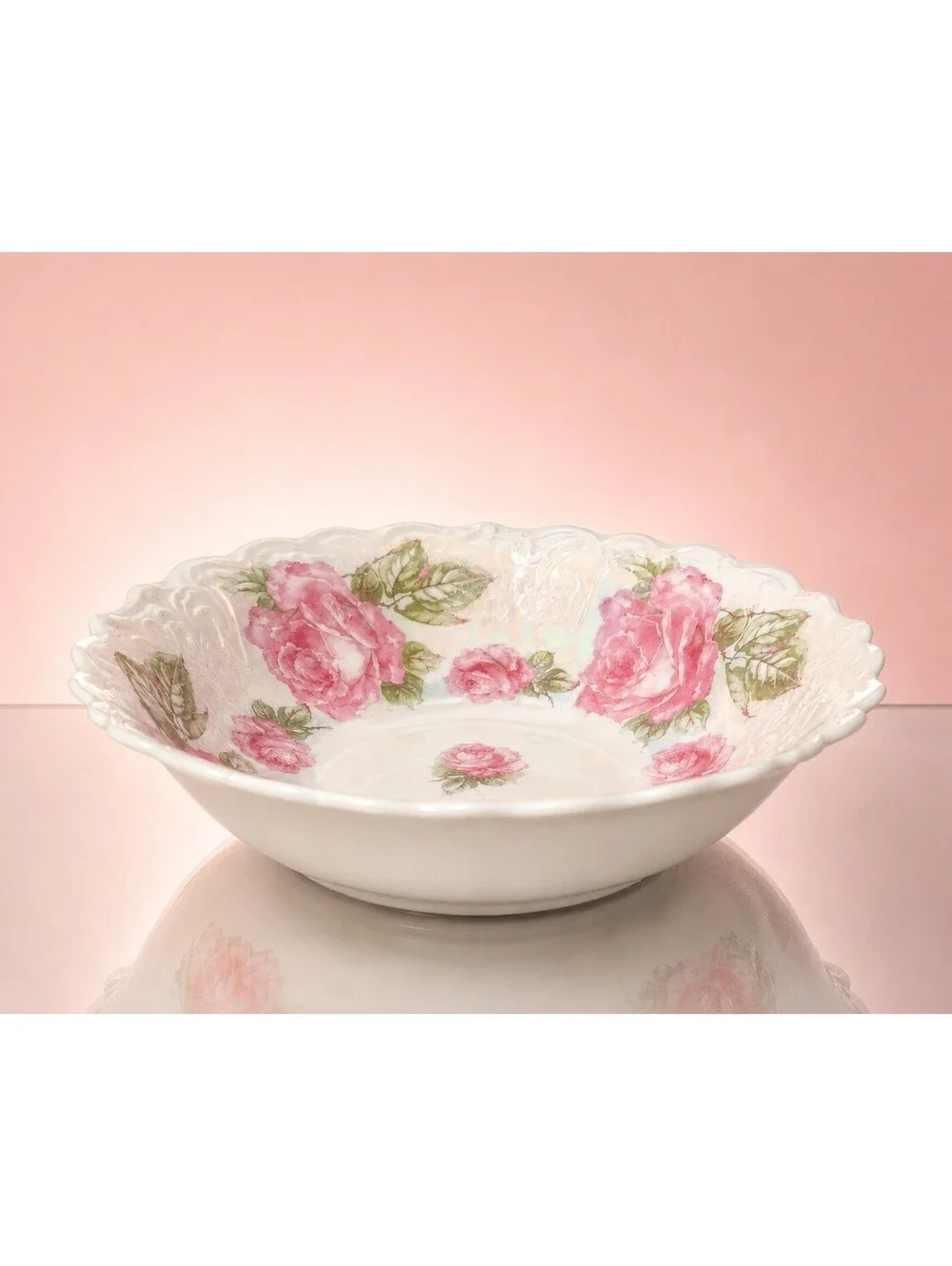 Antique 1910s Serving Bowl Iridescent Lusterware Pink Roses, 10.5x2.5” DAMAGED